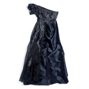TERANI Navy One Shoulder Beaded Gown